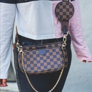 The Anistyn Checkered Multi Pochette Crossbody- Brown
